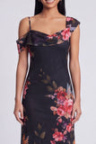 Asymmetrical Neck Printed Champagne Maxi Wedding Guest Dress