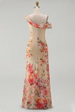 Asymmetrical Neck Printed Champagne Maxi Wedding Guest Dress