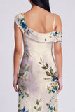 Asymmetrical Neck Printed Champagne Maxi Wedding Guest Dress