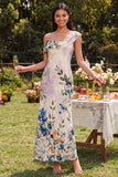 Asymmetrical Neck Printed Champagne Maxi Wedding Guest Dress