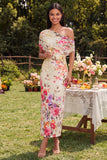 Ivory Asymmetrical Neck Printed Ruched Sheath Wedding Guest Dress