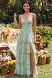Tiered A Line Dusty Sage Wedding Guest Dress with Slit