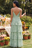 Tiered A Line Dusty Sage Wedding Guest Dress with Slit