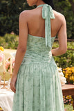 Halter A Line Ruched Pleated Dusty Sage Wedding Guest Dress