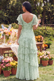 A Line Ruffled Dusty Sage Wedding Guest Dress with Flutter Sleeves