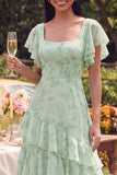 A Line Ruffled Dusty Sage Wedding Guest Dress with Flutter Sleeves