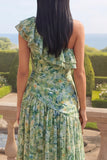 One Shoulder Dusty Green A Line Ruched Ruffled Wedding Guest Dress