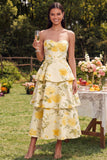 Strapless Yellow A Line Printed Tiered Wedding Guest Dress