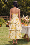 Strapless Yellow A Line Printed Tiered Wedding Guest Dress