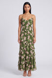 Dark Green Printed Ruffled Sheath Wedding Guest Dress