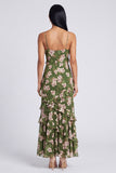 Dark Green Printed Ruffled Sheath Wedding Guest Dress
