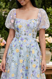 Floral Blue Square Neck A Line Mini Wedding Guest Dress