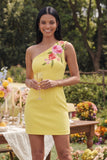 One Shoulder Yellow Printed Bodycon Mini Wedding Guest Dress