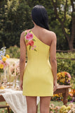 One Shoulder Yellow Printed Bodycon Mini Wedding Guest Dress