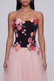 Black and Pink Floral Strapless A Line Tulle Wedding Guest Dress