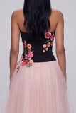 Black and Pink Floral Strapless A Line Tulle Wedding Guest Dress