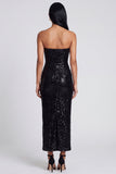 Sparkly Strapless Black Floral Bodycon Maxi Wedding Guest Dress