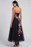 Strapless Floral Corset Pleated A Line Black Wedding Guest Dress
