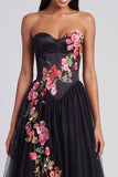 Strapless Floral Corset Pleated A Line Black Wedding Guest Dress