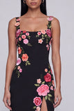 Floral Black Sheath Maxi Wedding Guest Dress with Slit