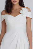 3D Flower Asymmetrical Neck A Line Ruched Mini White Dress