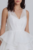 A Line Ruffled V Neck Mini White Dress with Bow