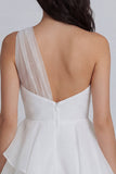 A Line One Shoulder Mini White Dress with Ruffles