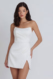 Strapless Ruched Bodycon Mini White Dress with Slit