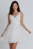 Tulle A Line V Neck Mini White Dress