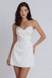 Satin A Line Strapless Ruched Mini White Dress