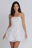A Line Strapless Ruched Cut Out Mini White Dress with Bow