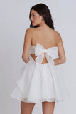 A Line Strapless Ruched Cut Out Mini White Dress with Bow