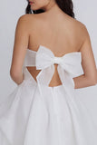 A Line Strapless Ruched Cut Out Mini White Dress with Bow