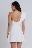 One Shoulder Ruffled A Line Mini White Dress with Slit