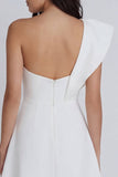 One Shoulder Ruffled A Line Mini White Dress with Slit