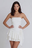Strapless Ruffled A Line Mini White Dress with Streamer