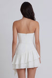 Strapless Ruffled A Line Mini White Dress with Streamer