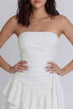Strapless Ruffled A Line Mini White Dress with Streamer