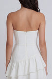 Strapless Ruffled A Line Mini White Dress with Streamer