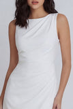 Satin Sleeveless Ruched Bodycon Mini White Dress