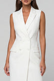 Notched Lapel White Bodycon Sleeveless Midi Work Dress