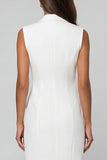 Notched Lapel White Bodycon Sleeveless Midi Work Dress