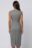 Grey Sleeveless Bodycon Midi Work Dress with Slit