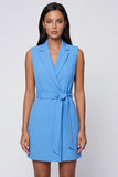 Blue Notched Lapel Bodycon Mini Work Dress with Sash
