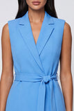 Blue Notched Lapel Bodycon Mini Work Dress with Sash