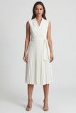 Ivory Notched Lapel A Line Pleated Midi Work Dress