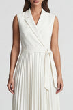 Ivory Notched Lapel A Line Pleated Midi Work Dress