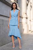White 2 Piece Notched Lapel Work Dress with Ruffles