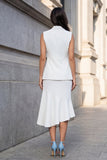White 2 Piece Notched Lapel Work Dress with Ruffles
