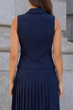 Shawl Lapel 2 Piece Pleated Navy A Line Midi Work Dress
